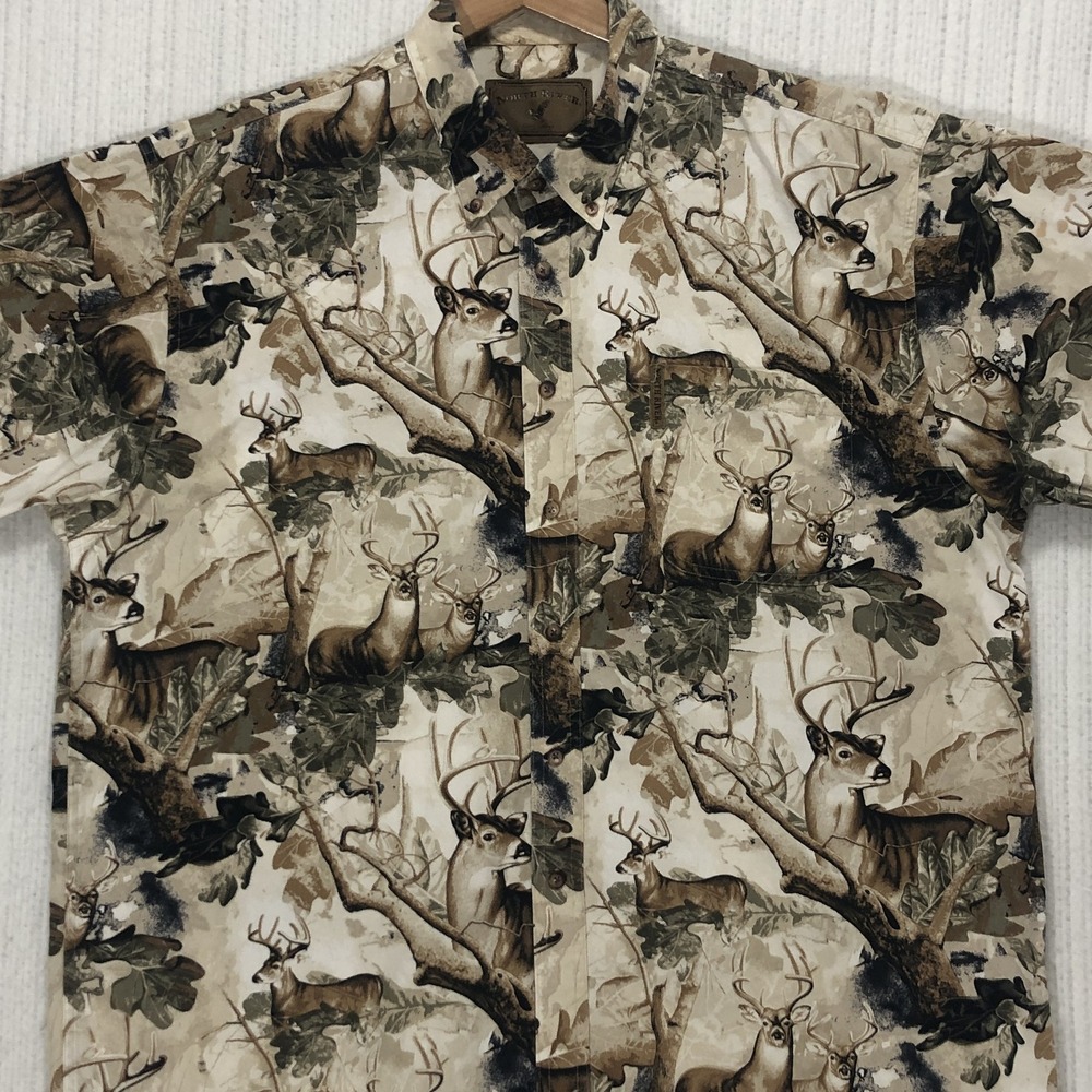 North River Outfitters Mens XL Deer Print Short Sleeve Button Down Cotton Shirt